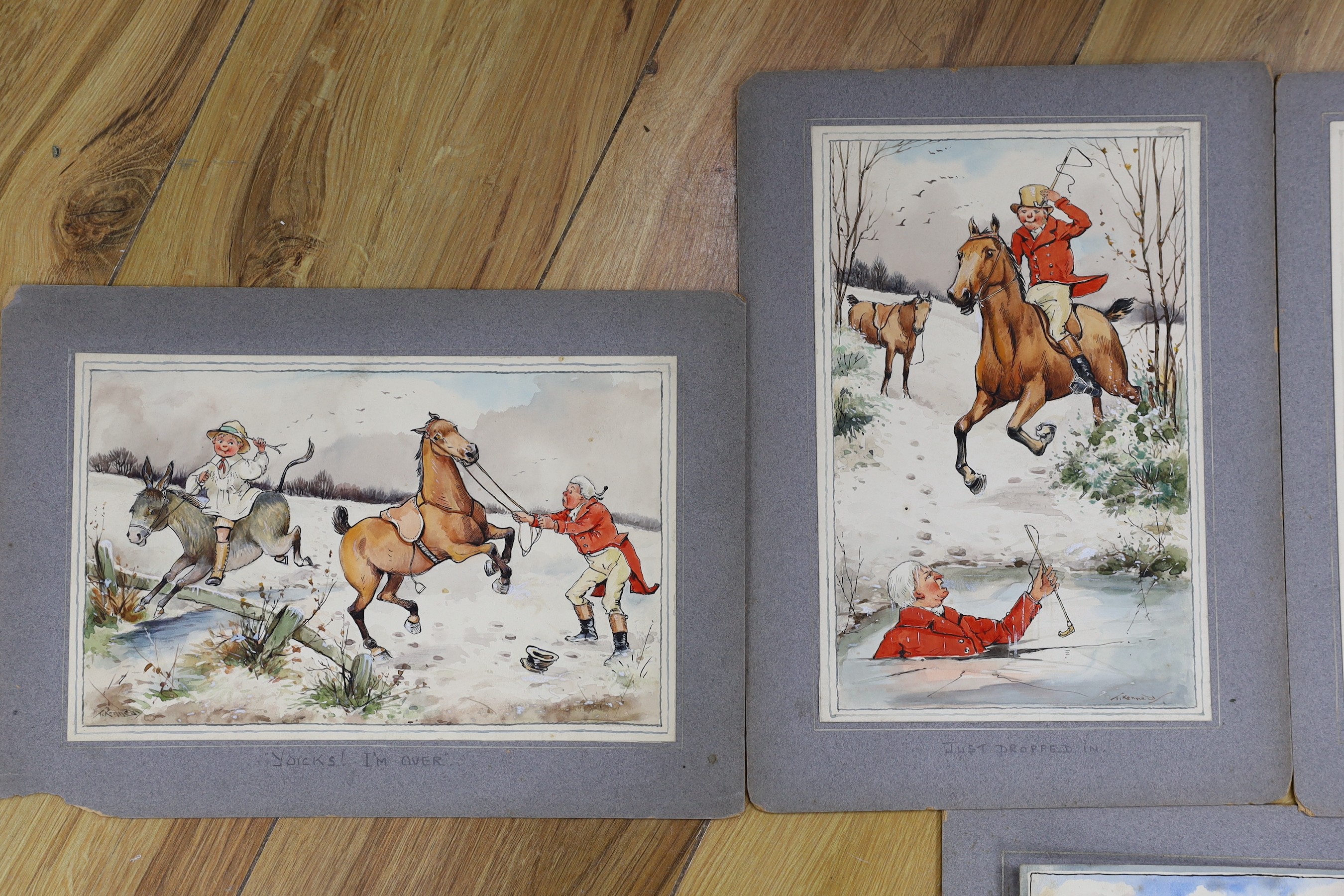 Tom Kennedy, five ink and watercolour studies, Old English hunting scenes, 24 x 15cm, unframed